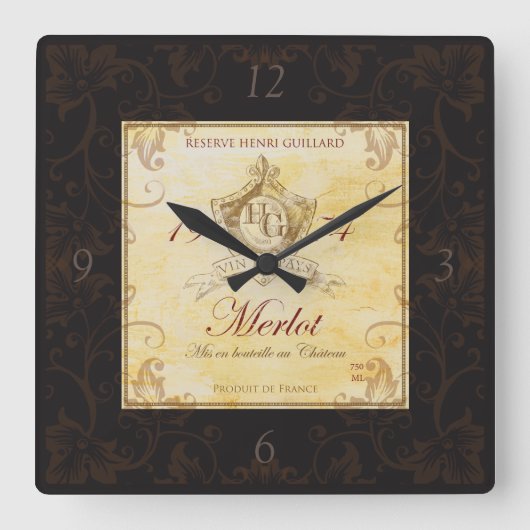 Vintage French Wine Label Wall Clock Vierkante Klok (Voorkant)