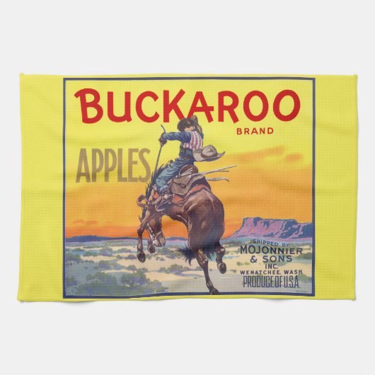 Vintage Fruit Crate Label Art, Buckaroo Apples Theedoek (Horizontaal)