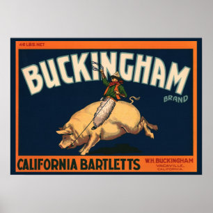 Vintage Fruitkist Label Kunst Cowboy op Varken Rod Poster