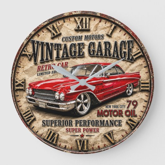 Vintage Garage Retro Red Classic Car Grote Klok (Voorkant)