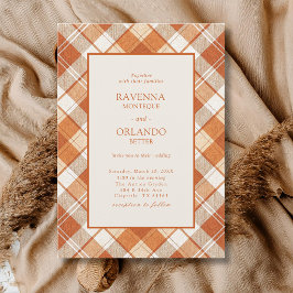 Vintage Gedempte Oranje Gestreepte Gingham Bruilof Kaart