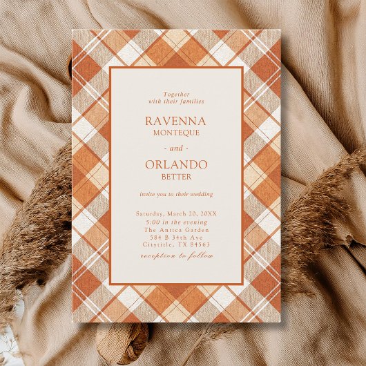 Vintage Gedempte Oranje Gestreepte Gingham Bruilof Kaart