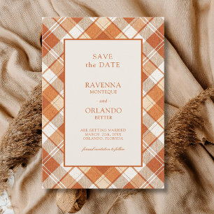 Vintage Gedempte Oranje Schotse Ruit Trouw Save The Date