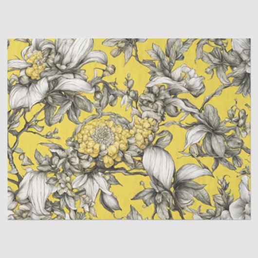 Vintage Geel, Zwart en Wit Bloemendecoupage Tissuepapier (Voorkant)