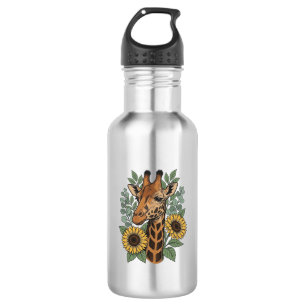 Vintage gegraveerde giraffe zonnebloem bloemen shi waterfles