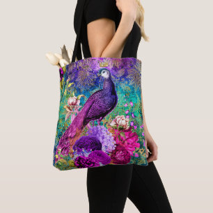 Vintage geïllustreerd pauwen grunge patroon tote bag