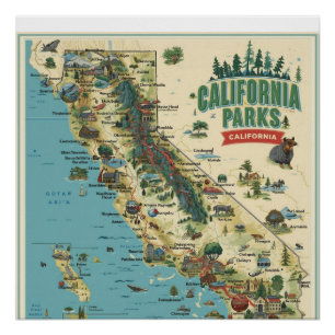 Vintage geïllustreerde kaart van Californië parken Perfect Poster