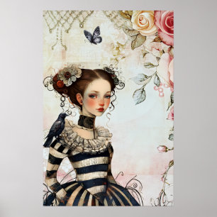 Vintage Geïnspireerd Goth Meisje Waterverf Rozen   Poster