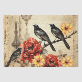Vintage geïnspireerde zonnebloemen rode rozen raaf tissuepapier