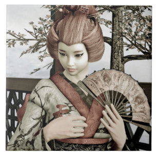 Vintage Geisha Kimono Waaiers Illustratie Tegeltje