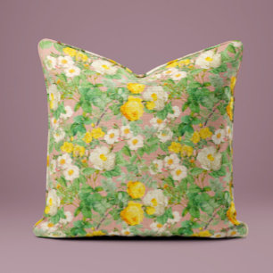 Vintage Gele Roos Kussen in Zachte Roze