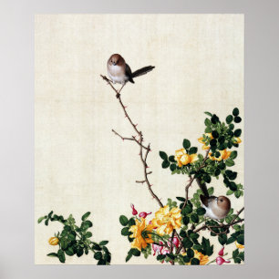 Vintage Gele Roos & Vogels Chinoiserie Kunst Poster