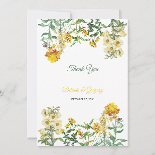 Vintage gele Waterverf Floral Botanical Wedding Bedankkaart (Voorkant)