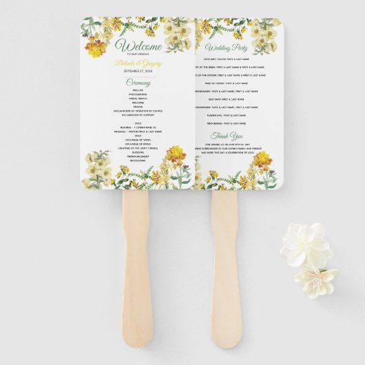 Vintage Gele Waterverf Floral Wedding Programme Handwaaier (Voorkant en achterkant)