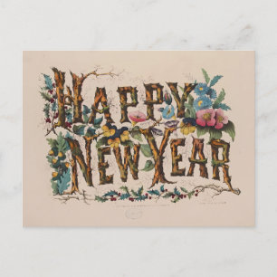 Vintage "Gelukkig Nieuwjaar" Botanische Lettering Briefkaart