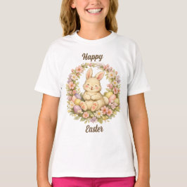 Vintage Gelukkig Pasen Konijn Bloemenkrans T-shirt