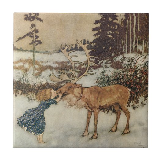 Vintage Gerda en rendiervis van Edmund Dulac Tegeltje (Voorkant)