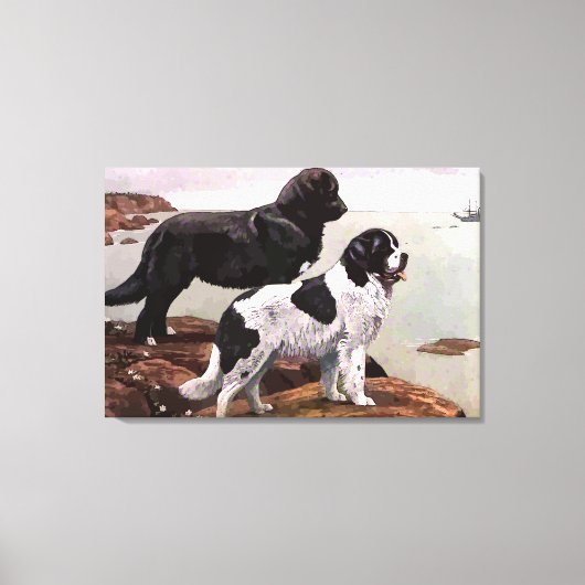 Vintage geschilderde Newfoundlands Wrapped Canvas Afdruk (Voorkant)