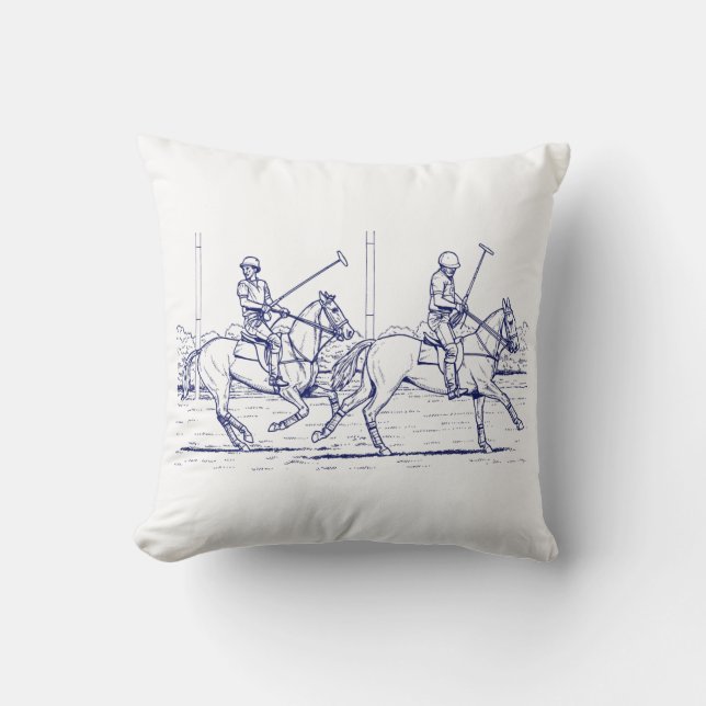 Vintage gestileerde polowedstrijd tekening #2 Blau Kussen (Voorkant)