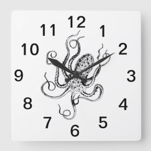 Vintage gestileerde tekening van een octopus #1 vierkante klok