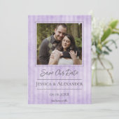 Vintage gestreepte foto | Paarse Save The Date (Staand voorkant)