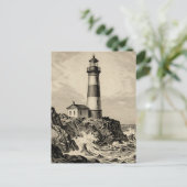 Vintage gestreepte vuurtoren stormachtige kust briefkaart (Staand voorkant)
