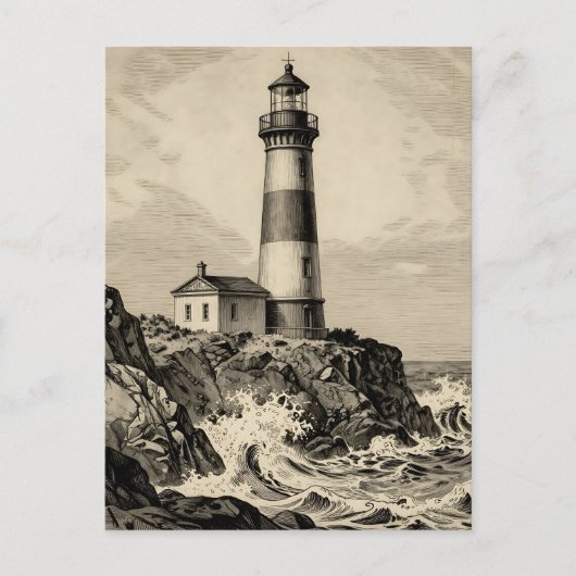 Vintage gestreepte vuurtoren stormachtige kust briefkaart (Voorkant)