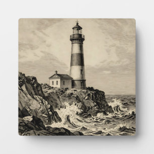 Vintage gestreepte vuurtoren stormachtige kust fotoplaat