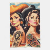 Vintage Getatoeëerde Cowgirls Theedoek (Verticaal)