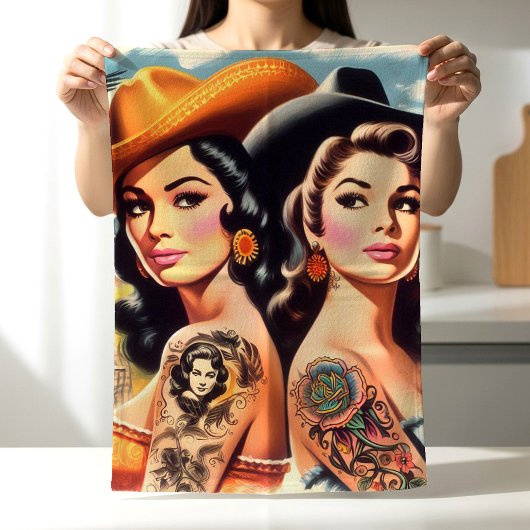 Vintage Getatoeëerde Cowgirls Theedoek
