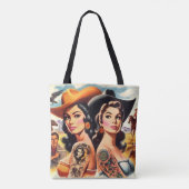 Vintage Getatoeëerde Cowgirls Tote Bag (Achterkant)