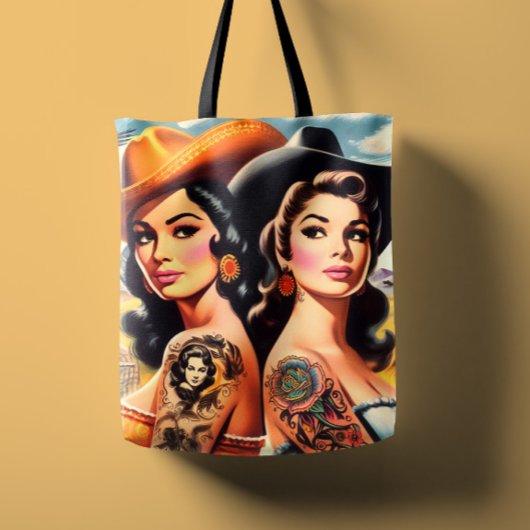 Vintage Getatoeëerde Cowgirls Tote Bag