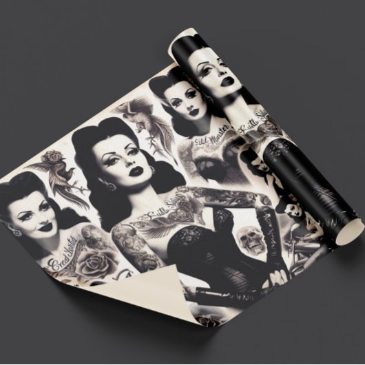 Vintage Getatoeëerde Gothe Vrouw Collage Cadeaupapier