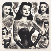 Vintage Getatoeëerde Gothe Vrouw Collage Kartonnen Onderzetters (Voorkant)