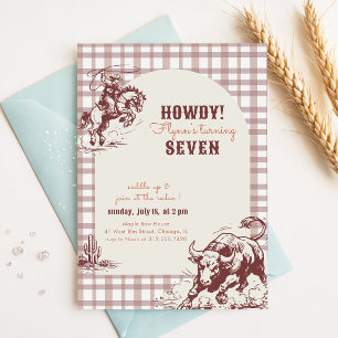 Vintage Gingham Western Cowboy Rodeo 7e Verjaardag Kaart