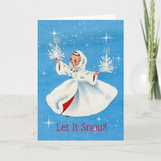Vintage Girl Laat het Sneeuwen Kerstkaart Kaart (Voorkant)