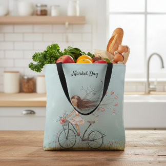 Vintage Girl on Bicycle Floral Market Tote Bag