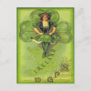Vintage Girl Shamrock Ierland St Patrick's Day Aut Briefkaart