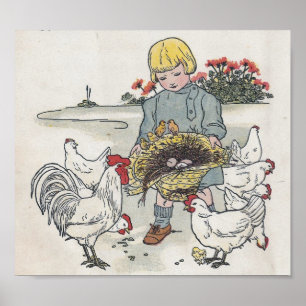 Vintage Girl With Chickens, E is an Egg Poster