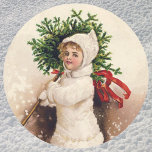 Vintage Girl with Christmas Tree, Ellen Clapsaddle Ronde Sticker<br><div class="desc">Vintage illustration Christmas holiday design featuring a young girl wearing a fur coat carrying a Christmas tree. Light snow is falling. May You Have a Merry Christmas by Ellen Clapsaddle. 1909.</div>
