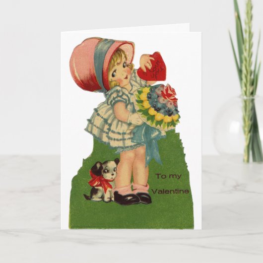 Vintage Girl With Dog Valentine Greeting Card Kaart (Voorkant)
