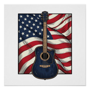 Vintage Gitaar Patriottische Vlag Vector T-shirt O Perfect Poster