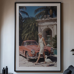 Vintage Glamour: Chic Vrouw en Klassieke Auto Poster