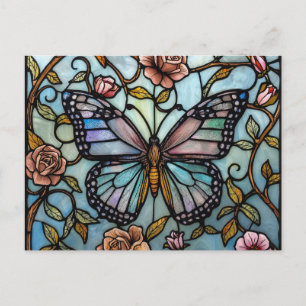 vintage glas-in-lood blauwe vlinderkunst briefkaart