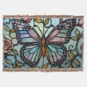 vintage glas-in-lood blauwe vlinderkunst  deken