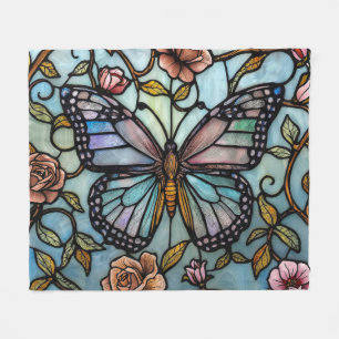 vintage glas-in-lood blauwe vlinderkunst fleece deken