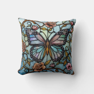 vintage glas-in-lood blauwe vlinderkunst kussen