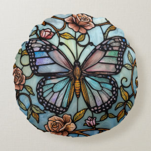 vintage glas-in-lood blauwe vlinderkunst rond kussen