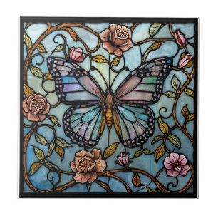 vintage glas-in-lood blauwe vlinderkunst tegeltje