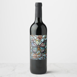 vintage glas-in-lood blauwe vlinderkunst wijn etiket